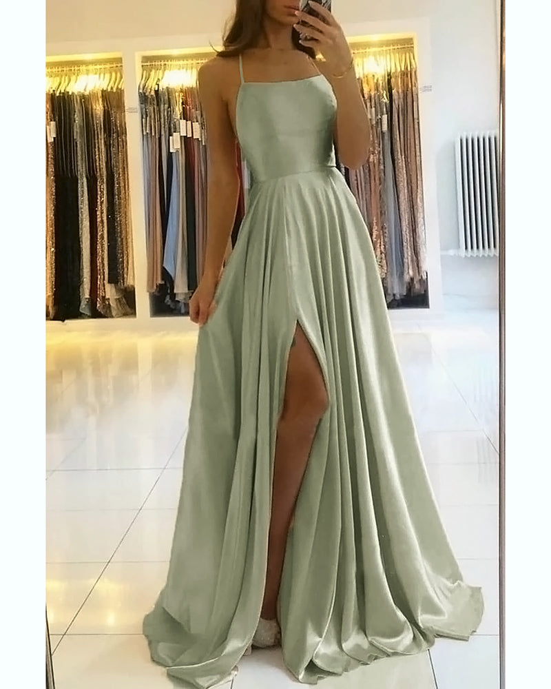 Stunning Satin A Line Slit Sage Green Prom Dresses   Hater Cross Back Formal Graduation Party Gown PL104102