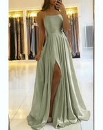 Stunning Satin A Line Slit Sage Green Prom Dresses 2022 Hater Cross Back Formal Graduation Party Gown PL104102