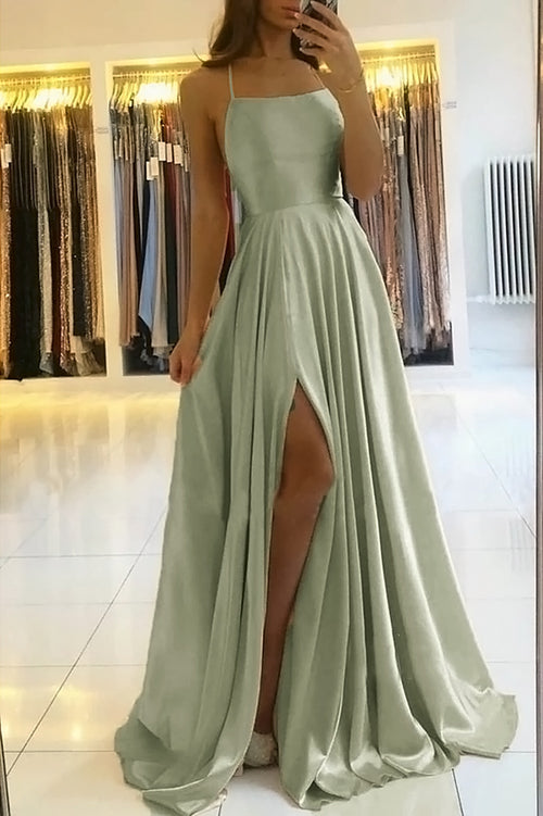Stunning Satin A Line Slit Sage Green Prom Dresses 2022 Hater Cross Back Formal Graduation Party Gown PL104102