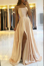 Stunning Satin A Line Slit Sage Green Prom Dresses 2022 Hater Cross Back Formal Graduation Party Gown PL104102
