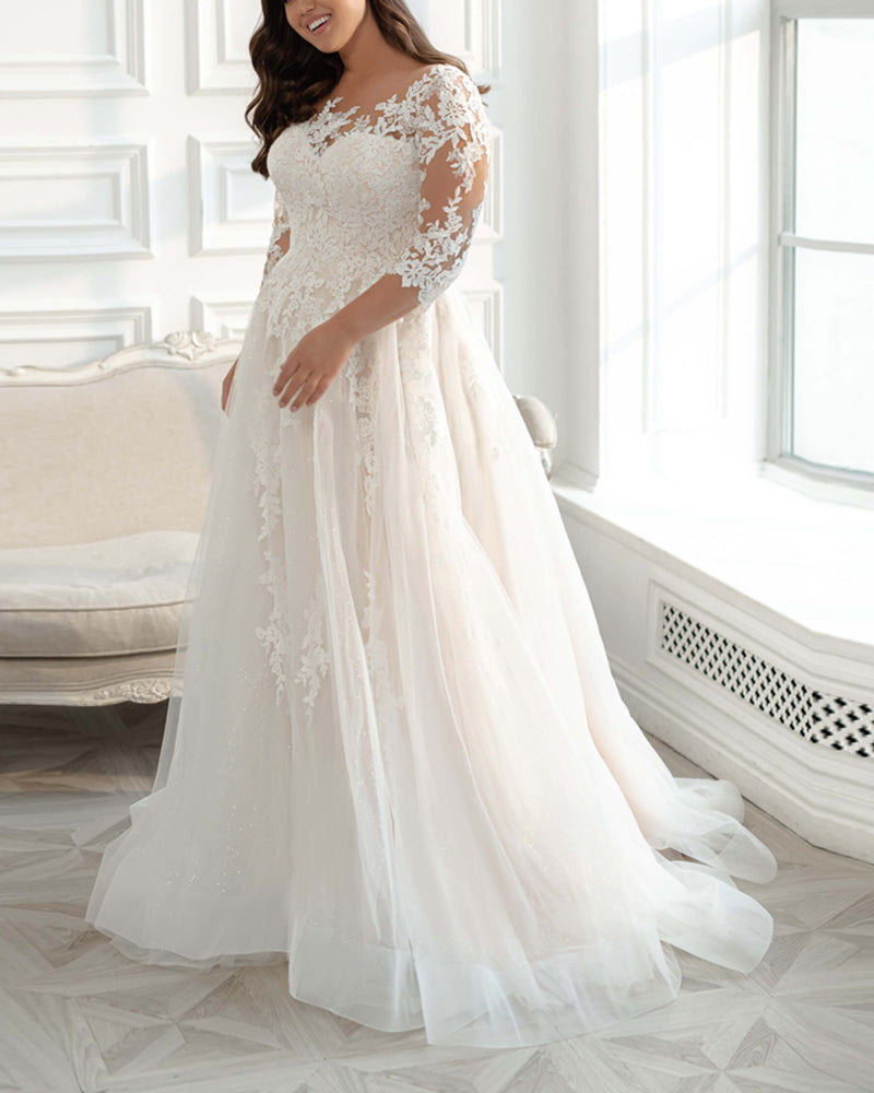 Ivory Lace 3/4 sleeves plus size custom made women wedding gown bridal dresses 2022 WD1117