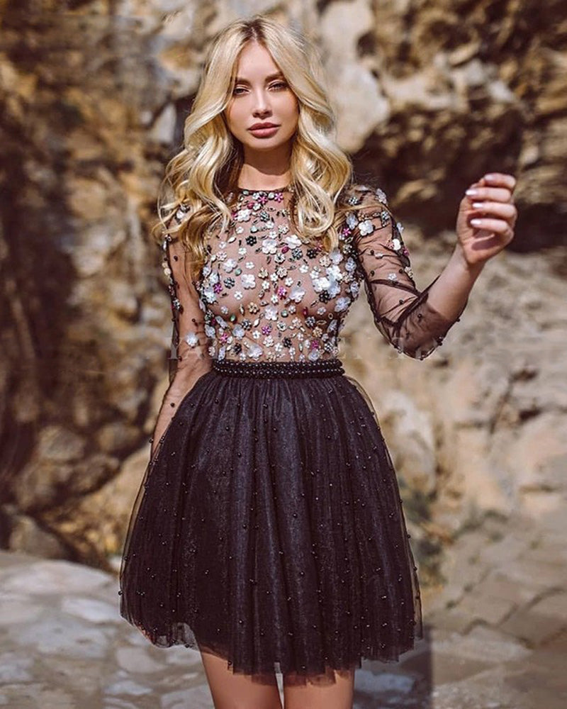 New Short Homecoming Dresses Pearls Beaded Handmade Flower Long Sleeves Prom Dresses Cocktail Dress