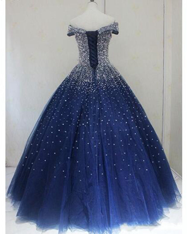 Navy Blue Sparkly Ball Gown Quinceanera Dresses 2022 Vestidos De 15 Años Off Shoulder Sweet 16  Debutante Party Dress PL08192