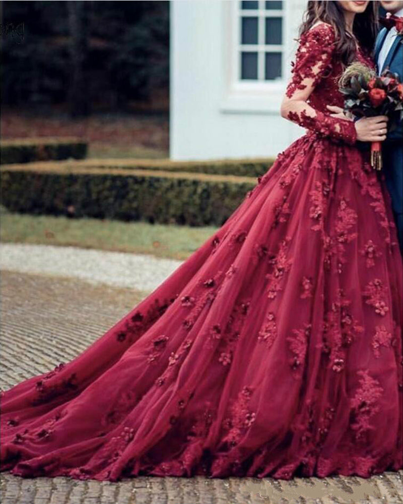 Vestido de novia color burdeos, manga larga, encaje y flores hechas a mano WD10808 