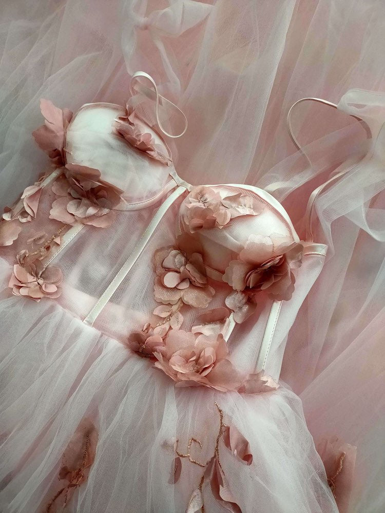 Ivory /Pink Long Cottagecore Dress Wedding/Prom  Formal Gown with Flowers PL2123