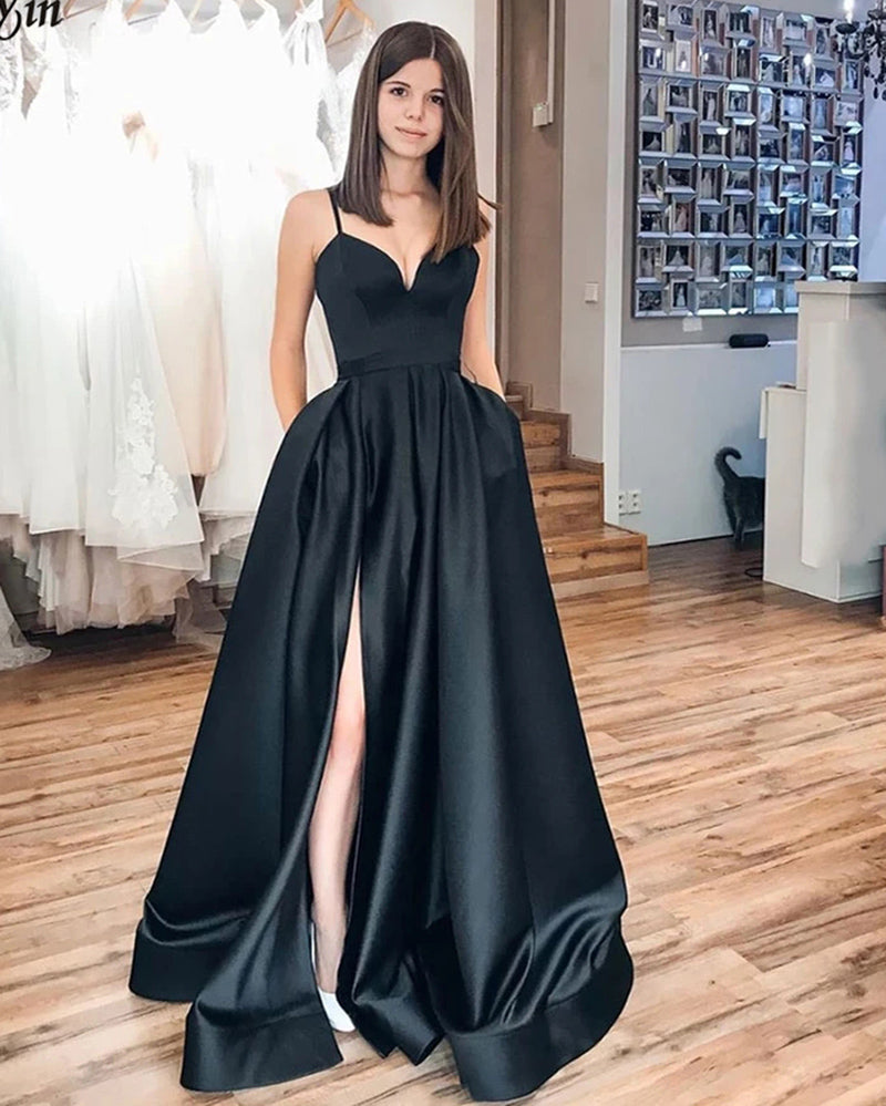 Vestido de fiesta formal largo negro para mujer, corte en A, escote en V, corte en A, PL2130 