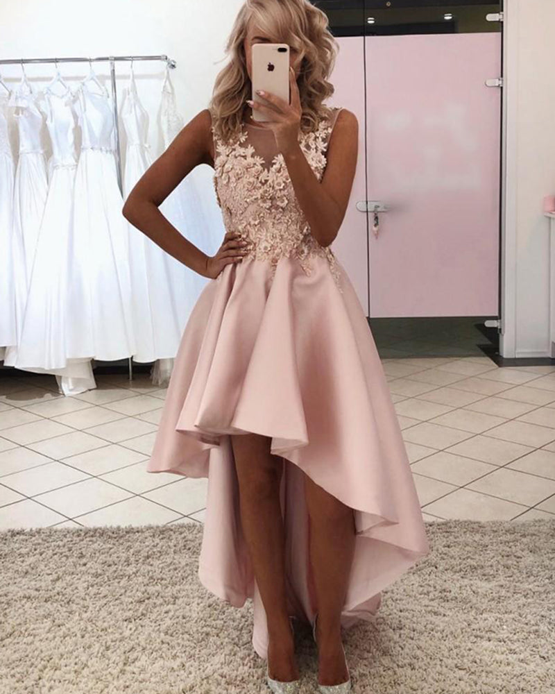 Scoop Neck Pink Prom Dress Hi lo Girls Graduation Homecoming Party Dress  with Lae appliques PL012021