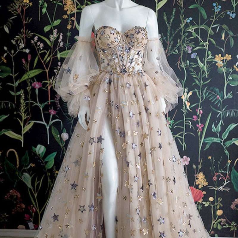 A-Line Sweetheart Neck Star Sequin Detachable Sleeves Prom Dress High Slit Backless Floor-length with A Train Elegant Party Gown