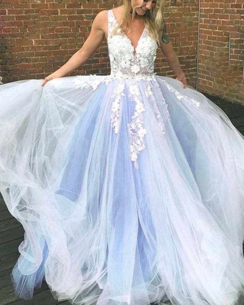 Beautiful Ivory Lace Blue Long Prom Dress Girls Formal gradutaion Gown PL01224