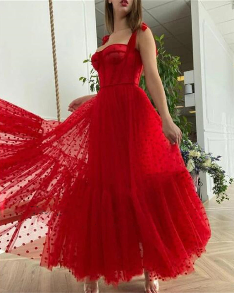 Red Polka Dots Tulle A Line Evening Dress ,Spaghetti Straps Tied Bow Shoulder Tea Length Party Graduation Dress PL101121
