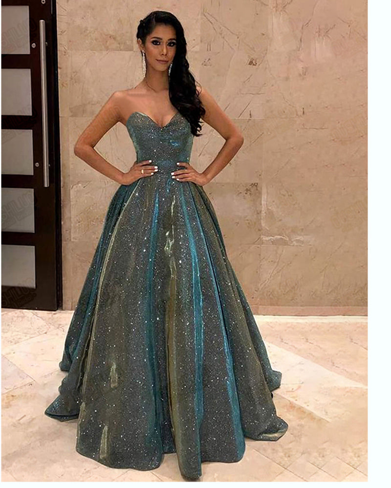 Sparkling sequin Puffy A line prom dresses ,Backless Peacock Prom Dress Strapless Shining Open Back party gown for women PL10422