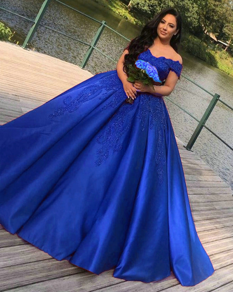 Elegante vestido de novia de encaje azul real con hombros descubiertos, vestido de fiesta WD1119