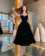 Simple Black Velour /Velvet Short Evening Party Dresses with Straps Tea Length  Special Occasion Gowns  SP101142
