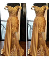 New Gold Lace Formal Dresses Evening Gold Illusion Off-Shoulder Sleeveless Elastic Satin Tulle Prom Party Gown Applique PL109171