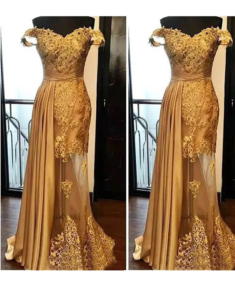 New Gold Lace Formal Dresses Evening Gold Illusion Off-Shoulder Sleeveless Elastic Satin Tulle Prom Party Gown Applique PL109171