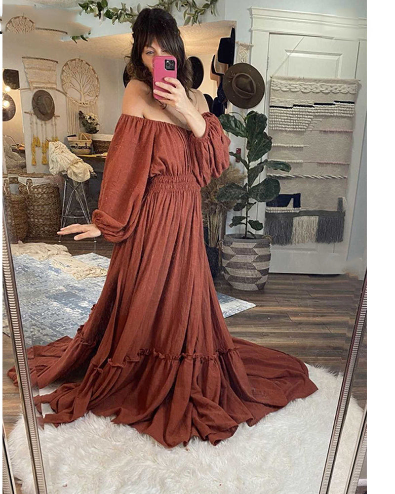 Linen Off Shoulder Full Sleeves Maternity Dresses Round Neck Photography Dresses Baby Shower Dress for Pregnant Woman 2022