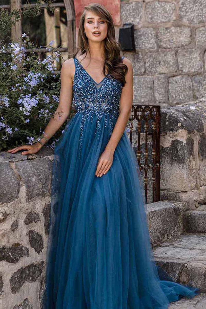 Elegant V Neck Beaded Evening Long Dress  ,Party Gown ,Girls Blue Senior Prom Dress PL10504