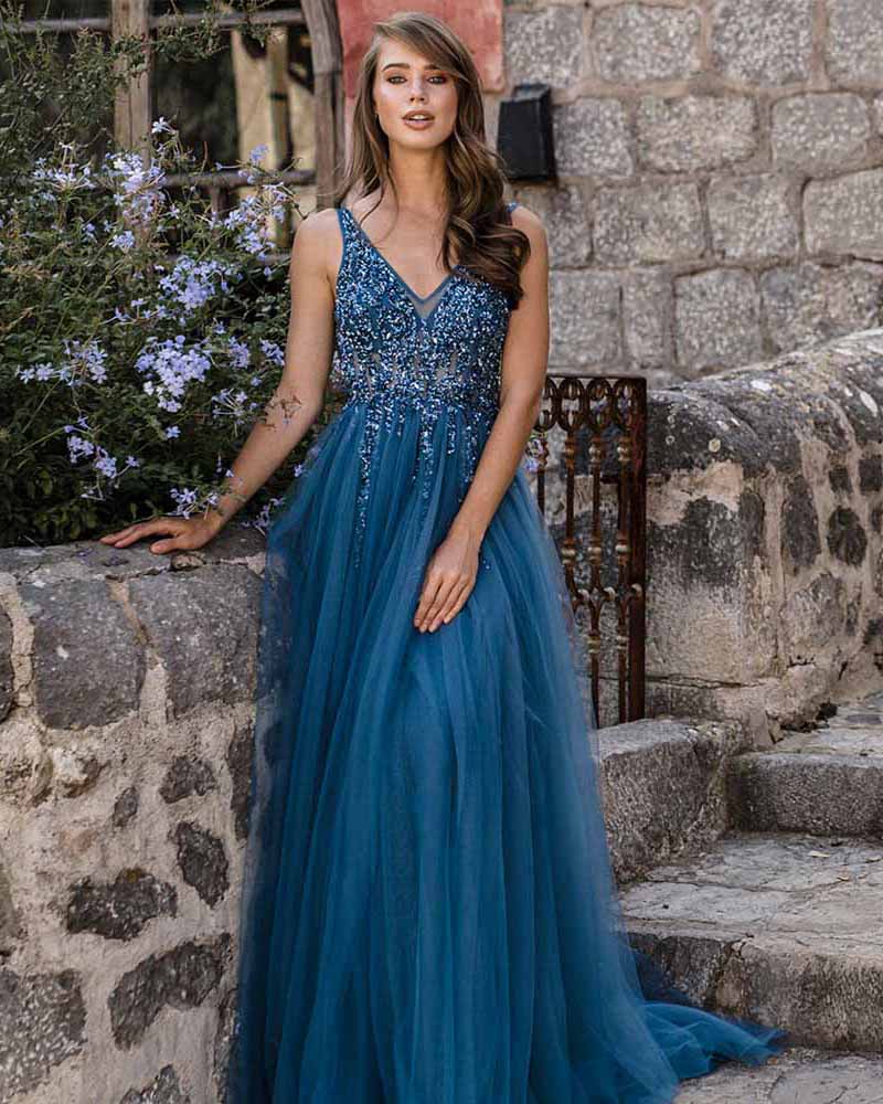 Elegant V Neck Beaded Evening Long Dress  ,Party Gown ,Girls Blue Senior Prom Dress PL10504