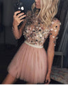 New Short Homecoming Dresses Pearls Beaded Handmade Flower Long Sleeves Prom Dresses Cocktail Dress