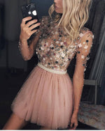 New Short Homecoming Dresses Pearls Beaded Handmade Flower Long Sleeves Prom Dresses Cocktail Dress