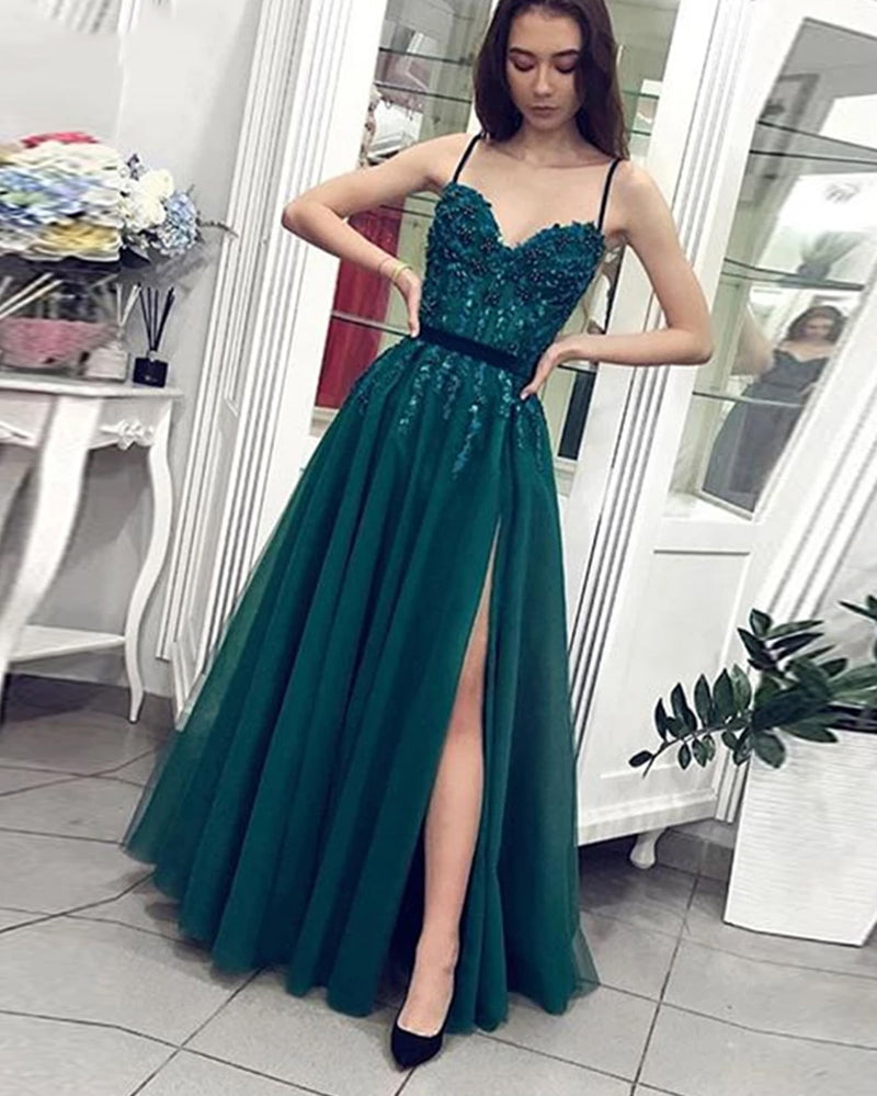Teal Green Tulle Long formal evening dress Patterns with Slit PL07148