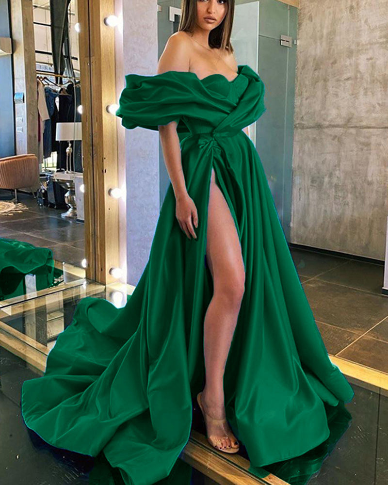 Emerald Green Royal Blue Evening Party Dress Long Poofy Off Shoulder Sleeves A Line Satin Prom Dress PL01119