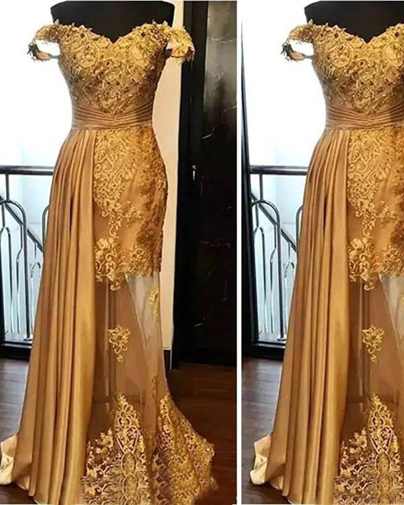 Amazing Gold Prom Dresses mermaid ,Off shoulder Lace Formal Women Wear PL1023