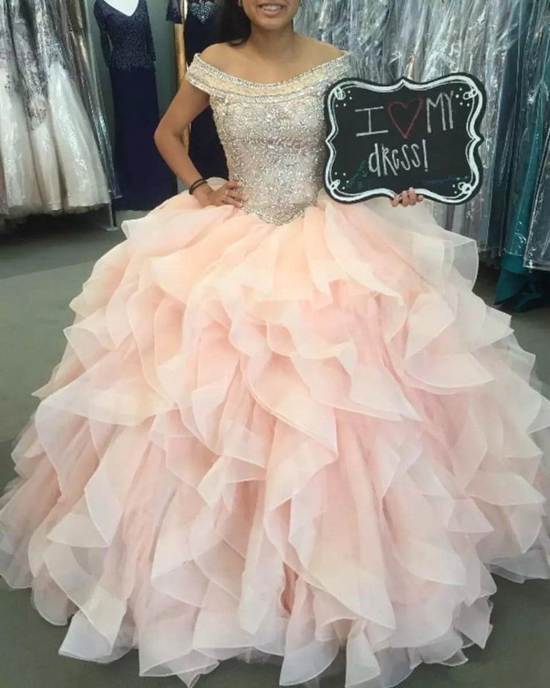 Princess Beading Pink Ruffle Organza Ball Gown Sweet 16 Dress Girls Quinceanera Prom Gown