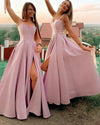 A Line Light Pink Spring Bridesmaid Dresses Satin Spaghetti Straps Long 2022 High Slits Prom Party Formal Gown robe de soirée de mariage LP11125