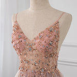 Nice V Neck Beading Tulle Pink Long Graduation Dress Prom for Girls PL08084