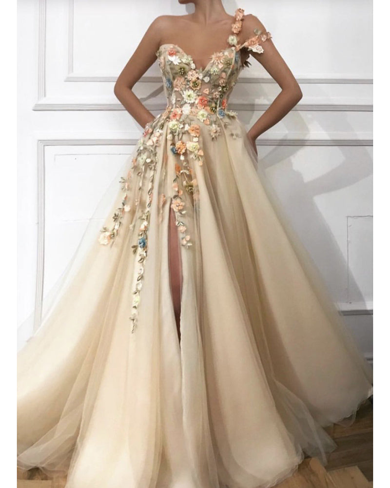Beautiful A Line Tulle Skit Formal Dress Sweet 15 Dress Off the Shoulder Beige Bude Long Floral Prom Dress with Slit Leg PL01125