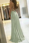 Stunning Satin A Line Slit Sage Green Prom Dresses 2022 Hater Cross Back Formal Graduation Party Gown PL104102
