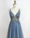 Amazing Glitter Blue V Neck Floor Length Long Prom Dress with Crystal Beaded Party Gowns