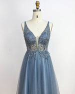 Amazing Glitter Blue V Neck Floor Length Long Prom Dress with Crystal Beaded Party Gowns