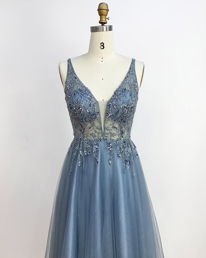 Amazing Glitter Blue V Neck Floor Length Long Prom Dress with Crystal Beaded Party Gowns