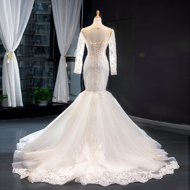 Amazing 2 Pieces Appliques Lace Long Sleeve Mermaid Wedding Dress 2021 With DetachableTrain Vestido De Noiva WD10909