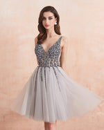 Sparkle Crystal Beaded Short Cocktail Dresses Gray Homecoming Dress Double V-Neck Sexy Shiny Mini Prom Gown robe de cocktail SP01221