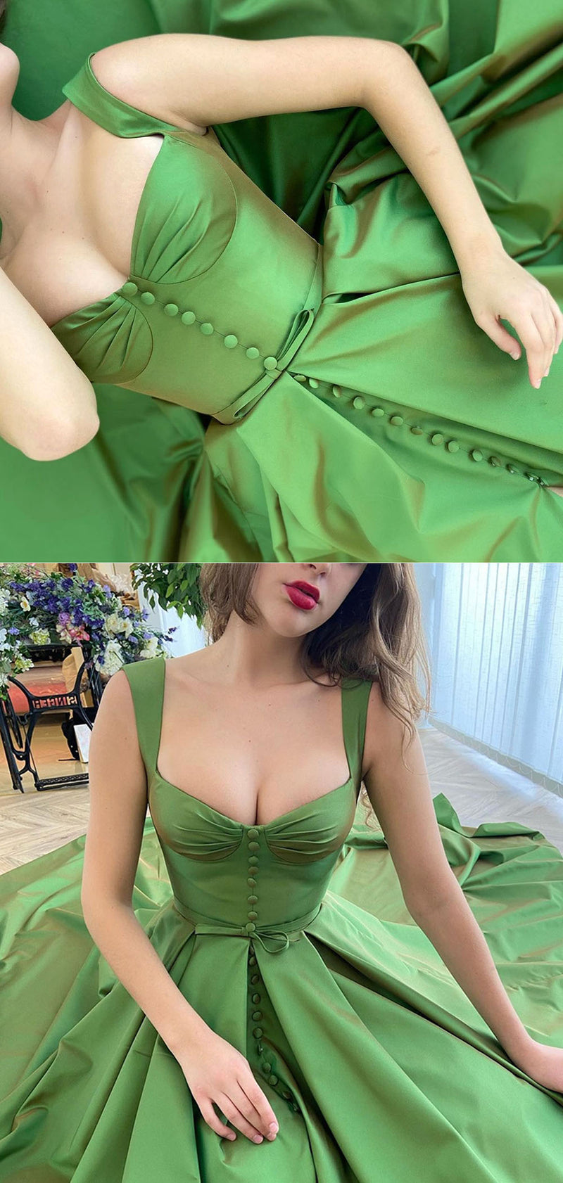 Siaoryne Amazing  Apple green Satin Prom Dress ,Buttons Bustier A-Line grad Party Dresses PL10704