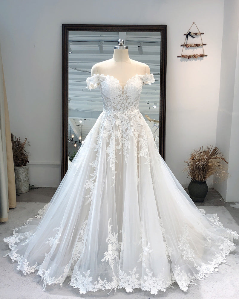 Vestido de novia vintage de encaje con hombros descubiertos, blanco/marfil, corte en A, WD10429 