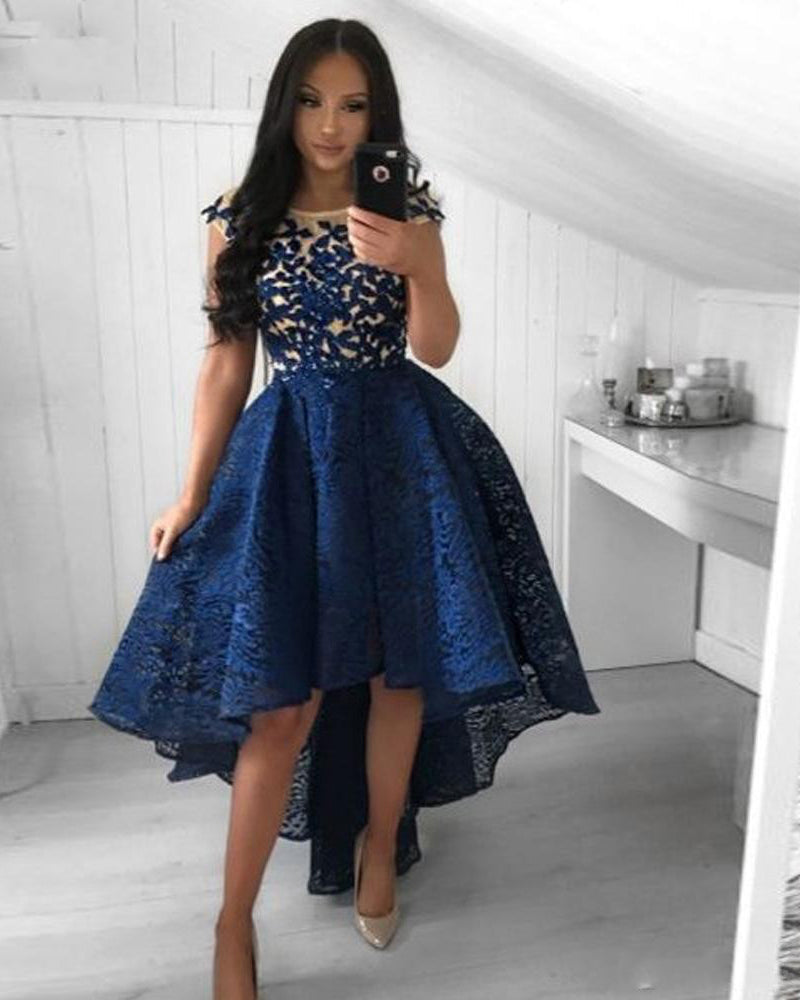 High Low front Lace Short Prom Gown Short Long Back Navy Blue
