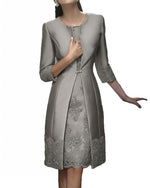 Gray Elegant Knee Length 3/4 sleeves 2 Pieces satin lace Evening  Party Gown Women Wedding Guest Dresses ,Mother Of The Bride Dress SP10220