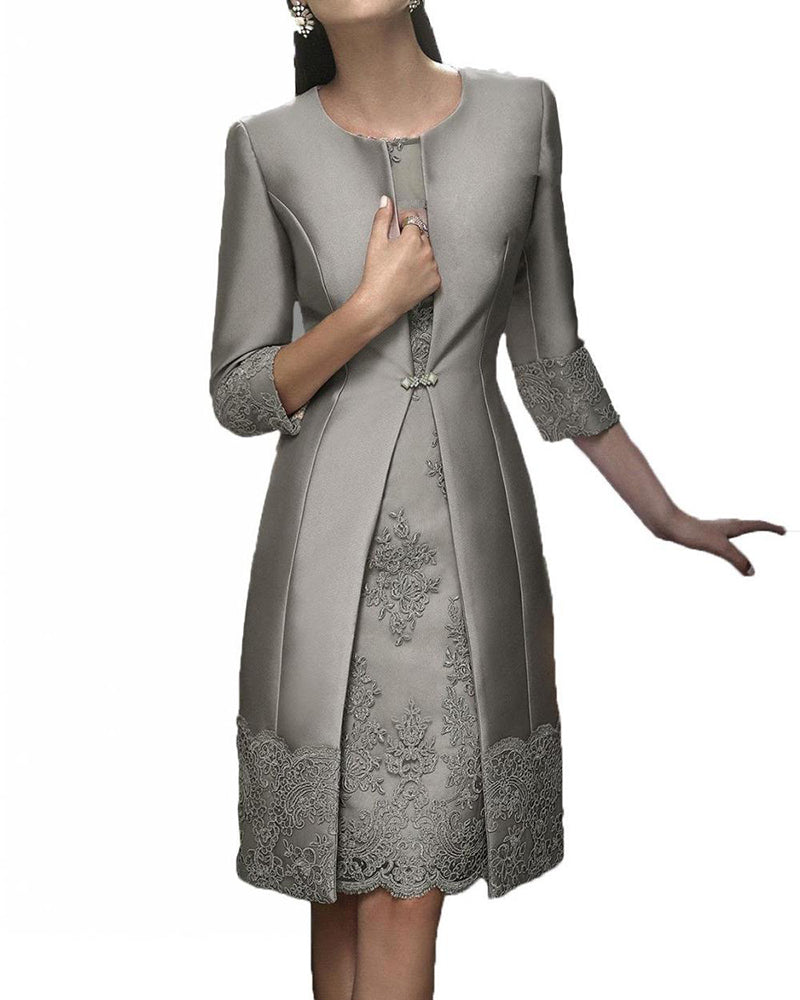 Gray Elegant Knee Length 3/4 sleeves 2 Pieces satin lace Evening  Party Gown Women Wedding Guest Dresses ,Mother Of The Bride Dress SP10220