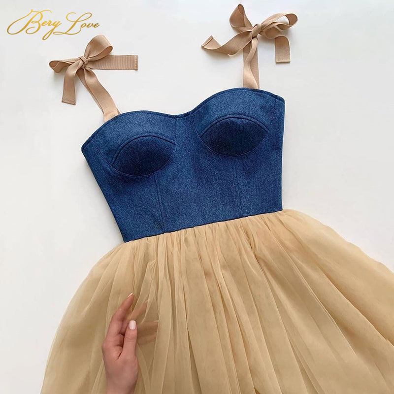 Blue and Champagen Tea Length Casual Prom Dress Girls Party Gown PL10429