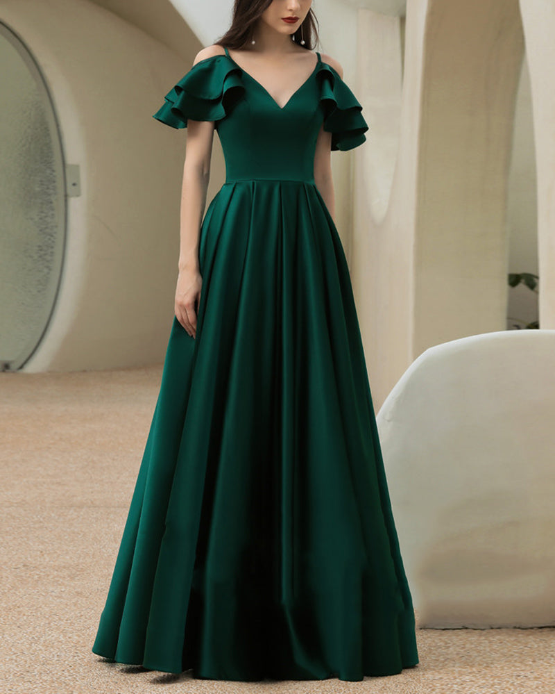 Unique Custom Made A-Line Off Shoulder Detachable Sleeves Dark Green Long Evening Prom Dress Party V Neck Formal Gown PL01123