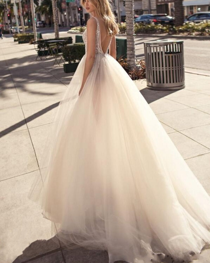 Charming Ivory Beige Tulle Evening Gowns Backless V-Neck High Split Sexy Prom Party Gowns Custom Made Special Occasion Dresses  PL01221