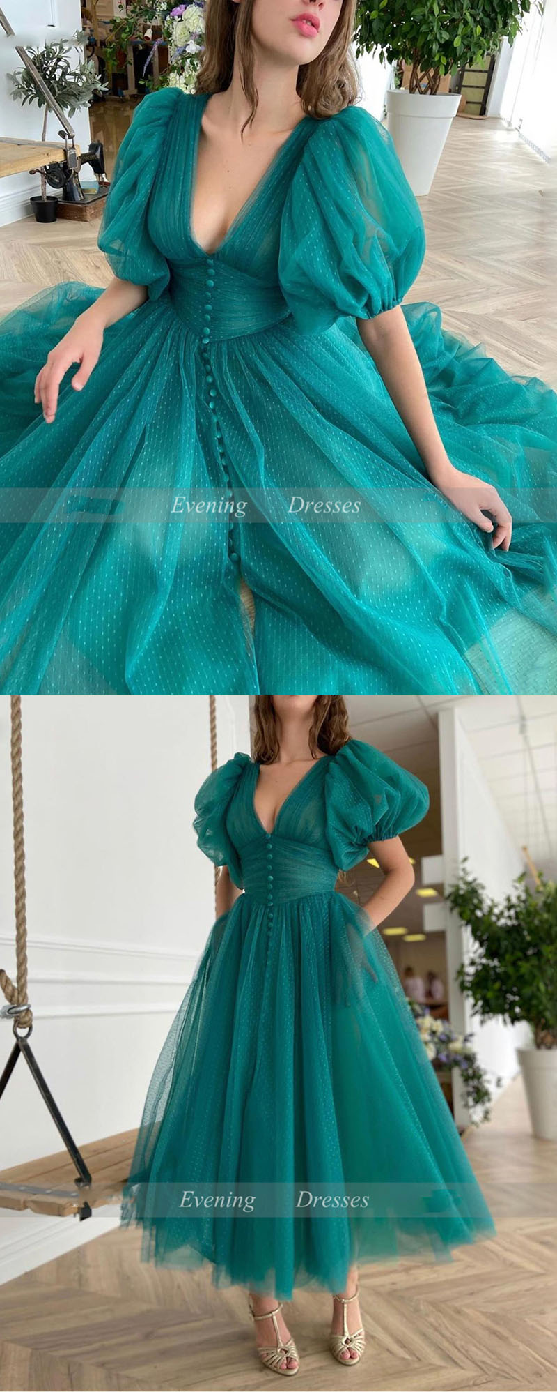 Vintage Teal Green Button Dot 1950s Gown Prom Party Dress Teal Length Puffy  Sleeves Swing Dress PL10130
