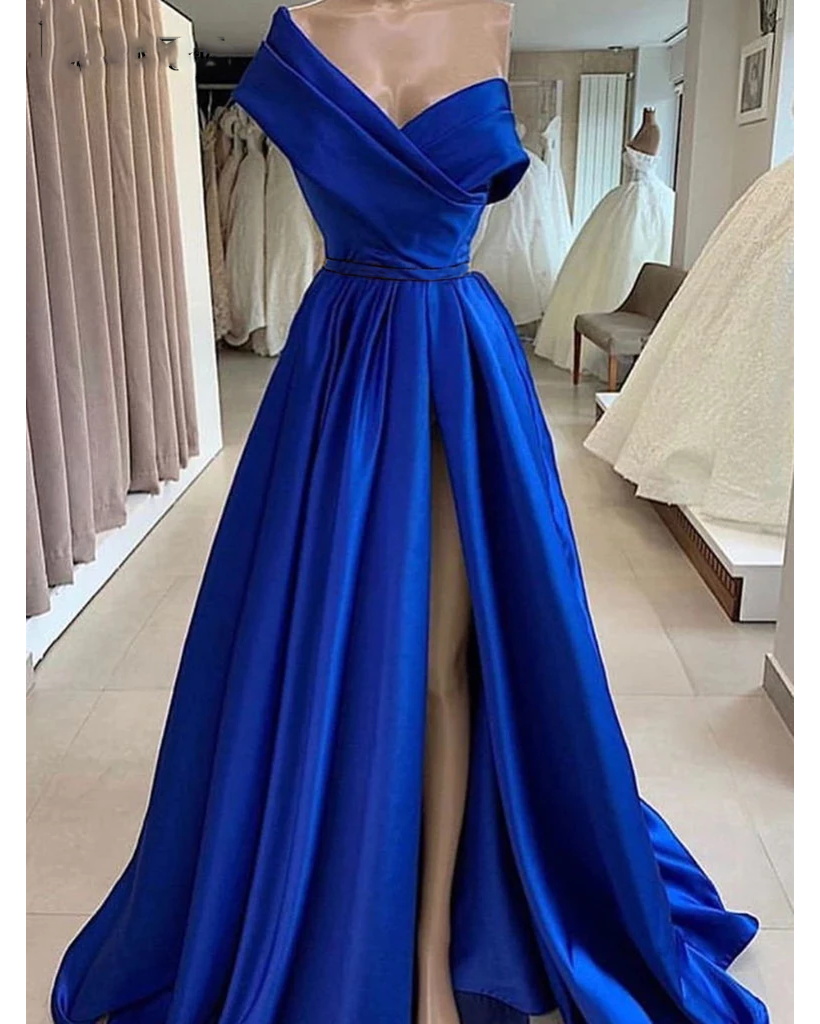 Unique A Line Satin Royal Blue Evening Dress ,Long Off One Shoulder Prom Dresses PL0805