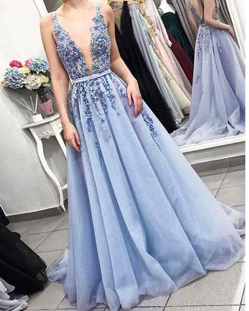 Siaoryne PL2011 Pale cornflower blue Plunge V Neck Lace Flwoers 2024 L Siaoryne PL2011 Pale cornflower blue Plunge V Neck Lace Flwoers 2024 L