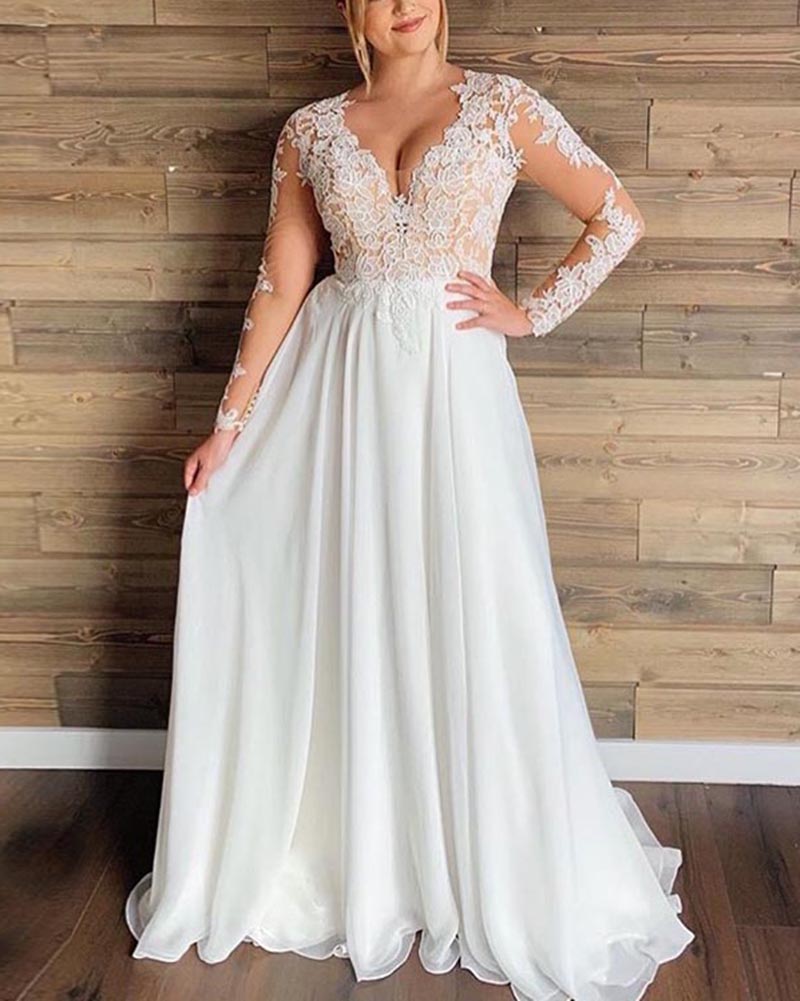 Vestido de novia vintage de manga larga con encaje de marfil en tallas grandes, vestido de novia para mujer WD1024 