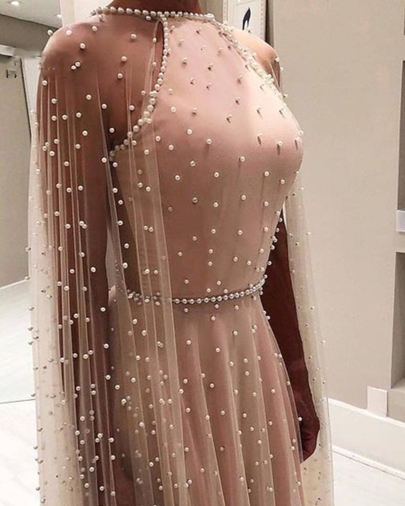 Luxury Arabic Style Women Pink Evening Dress with Pearl Cape Formal Pr Siaoryne Luxury Arabic Style Women Pink Evening Dress with Pearl Cape Formal Pr Siaoryne
